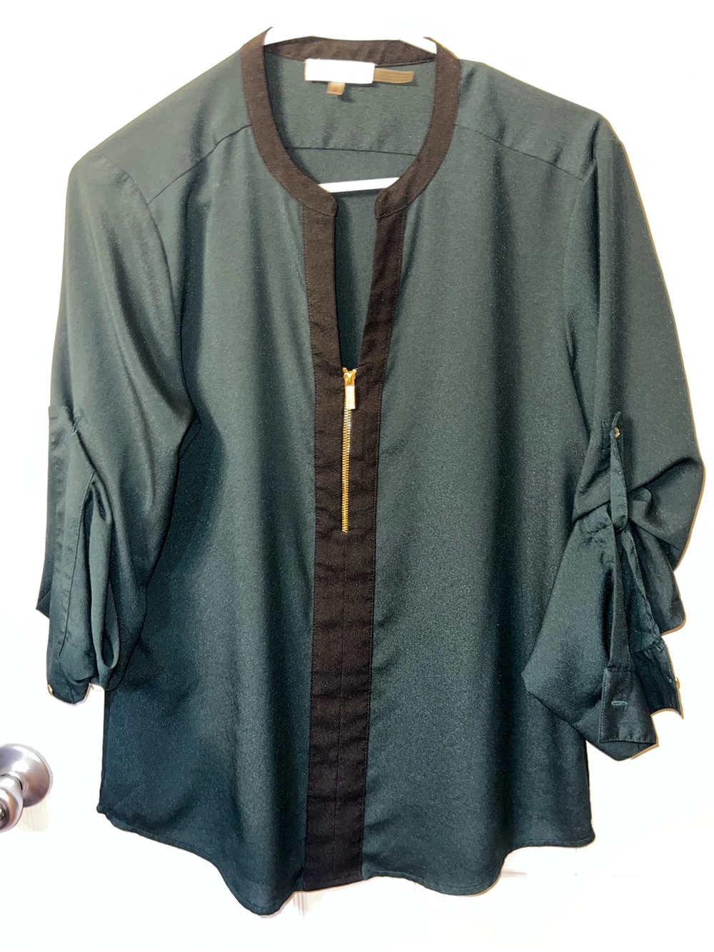 Calvin Klein Deep Green Blouse with Black Trim and Gold Zip Accent